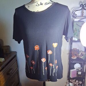 Vintage Fendi Black Top with Orange Floral Design Size Medium